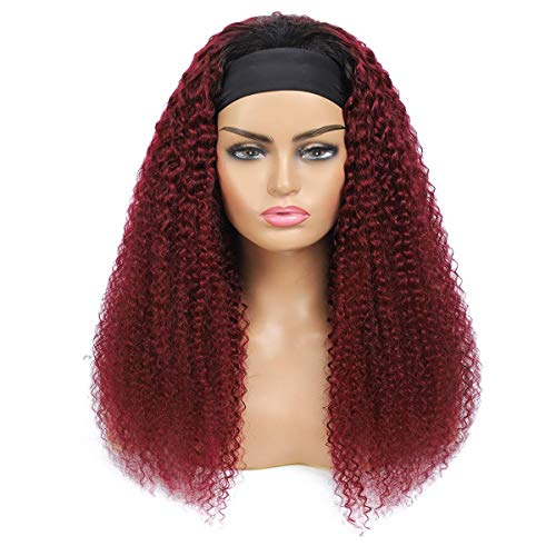 Image of XSY Headband Wig Human Hair 1B /99J Burgundy Deep Wave Headband Wig Red Colored Curly Headband Wig Glueless No Lace Front Wig Brazilian Virgin Human Hair Wigs for Black Women 150% Density 16 Inch