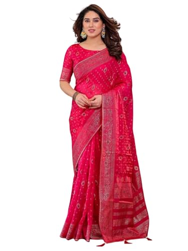 Image of ALMAARI FASHION Fendy Satin Foil Print Floral Saree with Tassels, Traditional Butti Motifs, 5.5m with 0.8m Blouse (FOIL 102 PINK H)