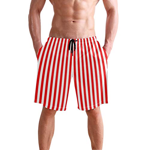 Men's Surfing Simple Red White Vertical Stripes Swimming Trunks2
