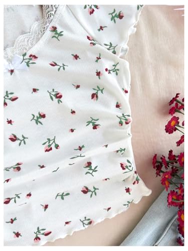 MakeMeChic Girl's Floral Lace Halter Tops V Neck Ruched Short Sleeve Lettuce Trim Cute Tee Shirt3