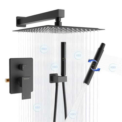 PRIMSOPH 12 inch Shower System Rain Rainfall Shower Head with Valve and Dual Function Handheld Handle Bathroom Bathtub Tub Faucet Complete Set Square Modern Trim Kit Wall Mounted Combo Matte Black