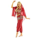 FEESHOW Frauen Bauchtanz Kostüm Indische Tanz Outfit Puffärmel Münzen Top mit Pluderhosen Hüfttuch und Kopftuch Set Party Performance Kleidung Rot One Size