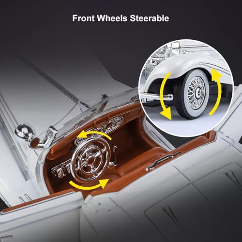 Image of 1:24 Benz 500K Toy Car Model, Diecast Collectible Pull Back Model Car with Sound and Light, Retro Classic Car Toy Gift Vehicles for Adults, Kids, Boys, and Girls (White)