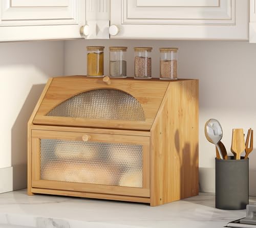 Vriccc Bread Box, Bamboo Wood Bread Box for Kitchen Counter, Double-layer Bread Storage Bin, Acrylic glass with Diamond Patterns (Natural, Large)