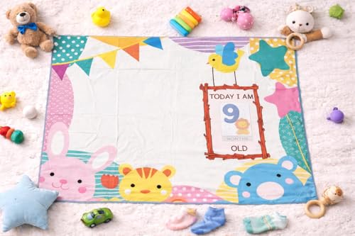 Image of Growth Keepsake Baby Blanket 51 * 43 Inch Animal Theme Monthly Age Marker Blanket Cute Bunny Bear Bird Print Background Washable Foldable Infant Play Mat
