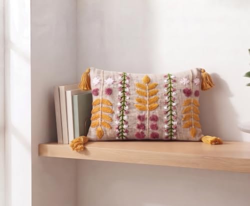 Image of Furnistitchs Boho Rectangle Cushion Cover 12x20 inches | Handmade Decorative Throw Pillow Case | Bohemian Home Decor Sofa Bed Cushion Cover Living Room Bedroom (1, Pink Bloom, 12x20 inches)