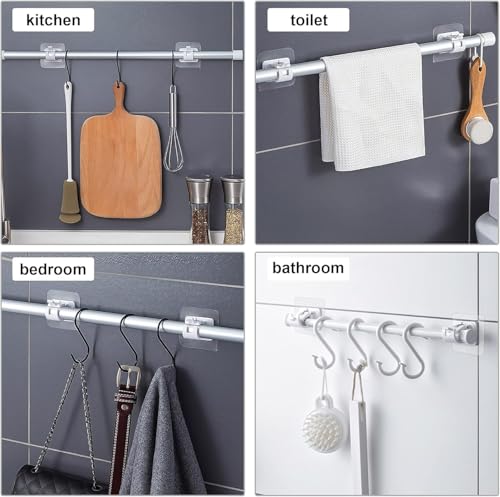Image of 4 Pack Self Adhesive Curtain Rod Brackets White No Drill Curtain Rod Holder Hooks Heavy Duty Wall Mount Rod Supports for Home Bathroom Hotel Bedroom Window Curtains Without Screws or Drilling