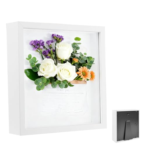 3D Marco de Fotos, Marco de Fotos Profundo para Rellenar 25 x 25 cm, con Placa Acrílica Transparente, Marco de Objetos 3D más Profundo 3cm, Marco de Madera Profundo, para Regalo de Boda, Blanco