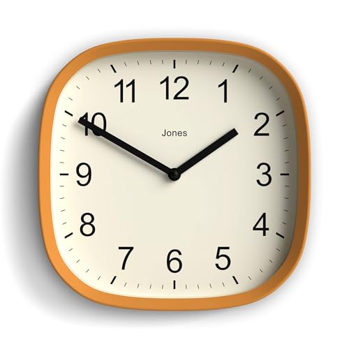 Jones Clocks® Sprite wall clock | Retro rounded square clock | 25cm | Mustard yellow | Cool designer look for kitchen, living room or office