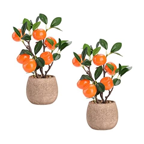 HLTER 2 Pcs Artificial Potted Fruit Tree, 11inch Orange Bonsai Tree Artificial Kumquat Tree Decorative Fake Plant Mini Potted Plants for Indoor Decor Cover