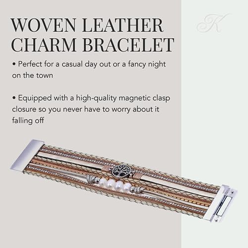 Kalifano Beige Woven Leather Charm Bracelet With Tree Of Life Pendant - Bohemian Layered Cuff Bracelet With Cultured Fresh Water Pearls, Crystals, And Magnetic Clasp For Women #TOP2
