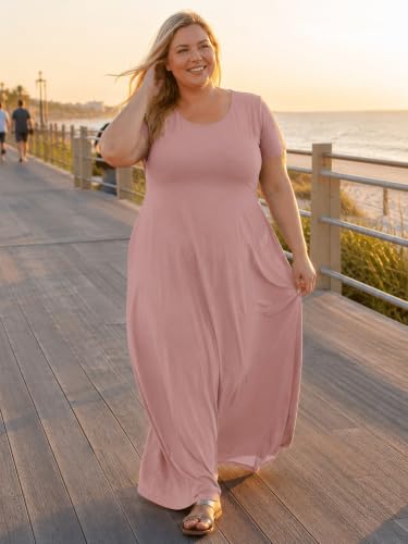 Image of PinkPatty Women's Plus Size Maxi Dresses Short Sleeve Sundress Summer T-Shirt Beach Long Dress with Pockets