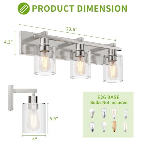 Image of 3-Light 21inch Brushed Nickel Vanity Light, Thickened Clear Glass | Over Mirror for Bathroom, Rust Resistant, E26 Base, Easy Install, Removable Glass Shade Horizontal Mount, Dimmable
