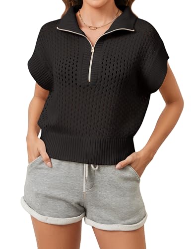 Image of Womens Spring Cap Sleeve Crochet Sweaters Loose Fit Quarter Zip Lightweight Hollow Out Beach Vacations Clothes