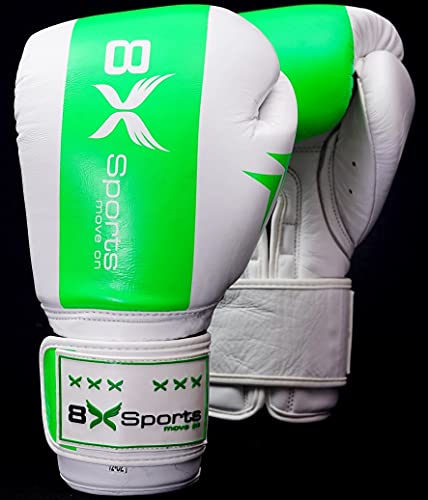 8XSports Boxhandschuhe, Trainingshandschuhe, hochwertiges Leder, Trainings-Boxhandschuhe, Kickboxen, Sparring-Kämpfe, zwei Farben - 16 oz (grün und weiß, 16 oz) Cover
