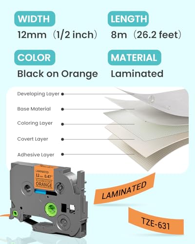 Image of 2-Pack TZe-B31 Orange Label Tape 12mm 0.47 inch Laminated Replacement for Brother Label Maker Tape TZeB31 Black Print on Fluorescent Orange Compatible with Brother Ptouch PT-D210 PT-H110 PT-D220 PT-D400