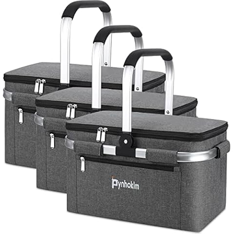 Pynhoklm® Pack of 3 Foldable Shopping Baskets with Cooling Function | 2022 Upgrade Folding Basket with Lid | Premium Folding Basket Foldable Insulated Basket | Elegant Carrybag Thermal Basket 22 L Cover