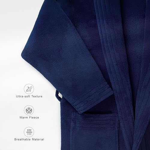 Image of American Soft Linen Women's Fleece Bathrobe - Luxury Soft, Plush, Fuzzy & Warm Turkish Robe for Women, Cozy Spa Quality Adult Bathroom Lounge Robe, Navy L