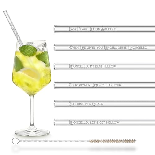 Qualcuno ha chiamato Limoncello? Sì! Sii parte della frizzante base di limone con il nostro set di 6 cannucce in vetro, decorate con frasi impertinenti di Limoncello. L'attrazione perfetta per il tuo prossimo aperitivo estivo o serata in giardino. Se ami la bevanda alla moda come noi, queste cannucce non possono mancare nel tuo bicchiere!