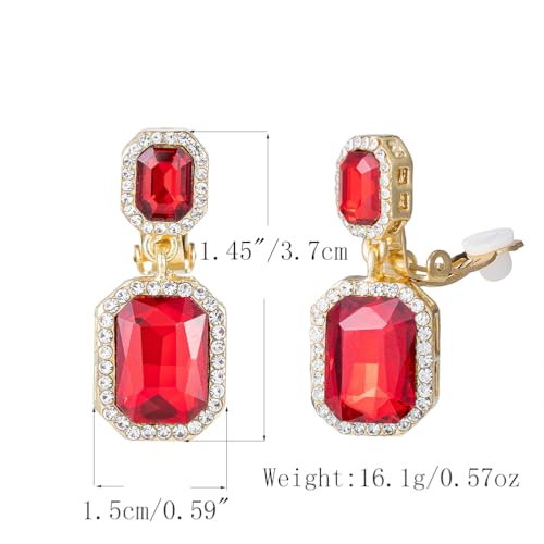 Crystal Square Shape Dangle Drop Clip on Earrings for Women(Red) — view 3