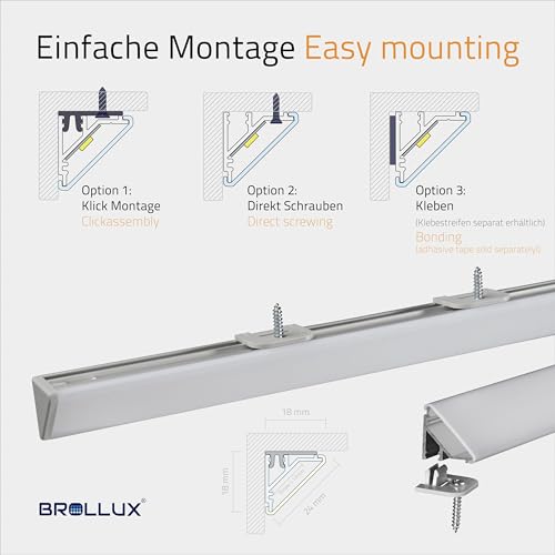 Brollux LED Eckprofil V24, Set 2m (2x1m) LED Alu Profile 45 Grad Ecke Aluminium für LEDs Strip Lichtleiste ohne Leuchtmittel