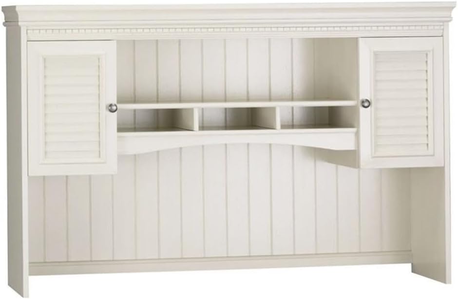 Pemberly Row 60" W Hutch for L-Shaped Desk, Engineered Wood, Antique Black Finish, Closed Storage with Louvered Doors, Open Cubby Shelves, Wire Management, Office Use