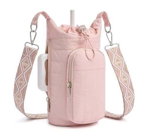 WOOMADA Water Bottle Holder Bag with Strap, 40/32 oz Crossbody Bag Gym Accessories, Sling Purses for Women（Pink）