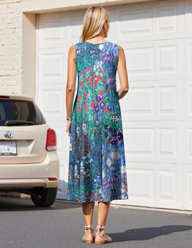 Image of HOTOUCH Summer Casual Dresses for Women Sleeveless Midi Dress Swing Tank Sundress Pleated Tshirt Dress with Pockets