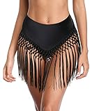 High Waisted Cheeky Bikini Bottoms for Women Black Tummy Control Swimsuit Cheeky Swim Shorts Tassel...