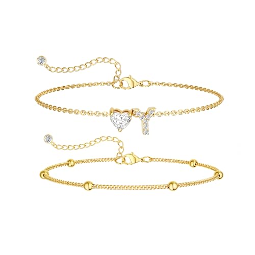 Gold Initial Ankle Bracelets for Women, 14K Gold Plated Dainty Love Heart CZ Trendy Layered Letter A-Z Waterproof Anklets Fashion Jewelry Gift for Women (Gold-Y)