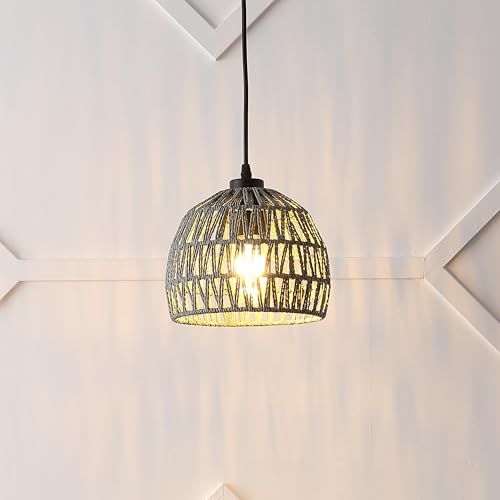 Image of JONATHAN Y 8.25 inch Gray Modern Bohemian Woven Rope LED Pendant Light Fixture, Adjustable Dome Ceiling Lamp for Kitchen Island, Rope Shade, Coastal Farmhouse Decor (JYL6512D)