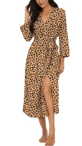 Image of VINTATRE Robes for Women Long Knit Bathrobe XS-4XL | 3 /4 Sleeve Bathrobes with Pockets, Stretchy and Lightweight Fabric, Inner Tie and Fixed Outer Matching Belt, Mid Calf Length