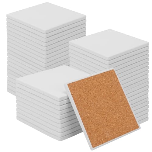 Geytetqi 54 PCS 4 Inch Blank Ceramic Coasters with Cork Backing Pads 4x4 Inch Square Unglazed Ceramic Coasters Tiles for Crafting Absorbent Ceramics Coaster for Drink