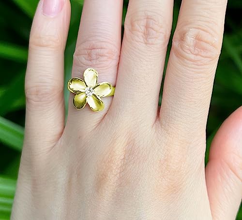925 Sterling Silver 15mm Hawaiian Plumeria Flower Ring with Cubic Zirconia, 14K Gold Plated, Nickel Free Hypoallergenic for Sensitive Skin, Hawaii Island Jewelry, with Gift Box3