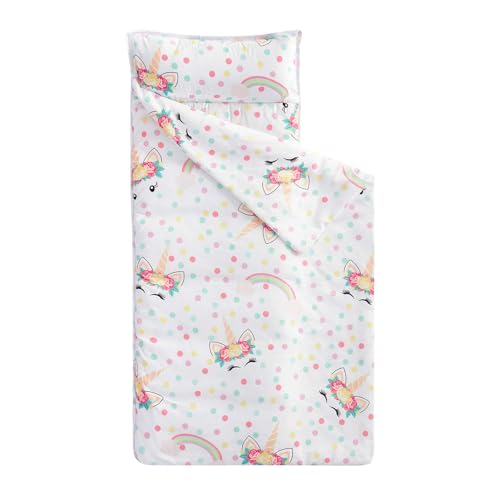 Wake In Cloud - Nap Mat with Removable Pillow for Kids Toddler Boys Girls Daycare Preschool Kindergarten Sleeping Bag, Unicorns Polka Dot on White, 100% Soft Microfiber (50"x20")