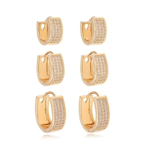 Kit Trio de Brincos Argolas 1 2 3 Furos com Zirconias Folheado Ouro 18 3 Pares