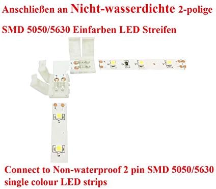 Solderless 2 Pin LED Strip Corner Connector Jumper for 10mm Wide SMD 5050 5630 Monochrome LED Tape Light Clip Connector L-Shape Adapter LED Ribbon Connection Cable (17cm Long) Quick Splitter