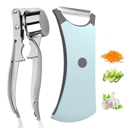CLINPA Set Pelador de Frutas y Verduras y Prensa Ajos, Pelador Patatas Manual, Triturador de Ajos Manual, Pelador Multiuso, Machacador de Ajos