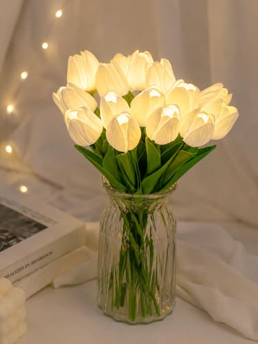Image of MoonlitDreams Artificial White Tulip Flower Lamp with LED Lights, 5 Tulip Bouquet Night Light for Bedroom Decor | Battery Operated Aesthetic Room Decor Gift