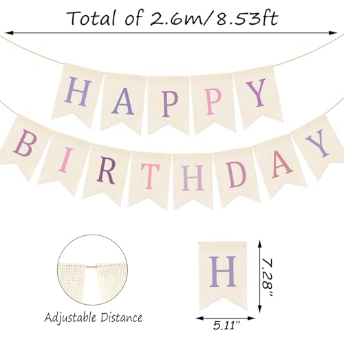 Image of Doumeny Happy Birthday Burlap Banner Boho Birthday Garland Bunting Purple Pink Bohemian Party Hanging Banner White Happy Birthday Sign Flag Colorful Birthdays Bunting Garland for Home Mantel Fireplace