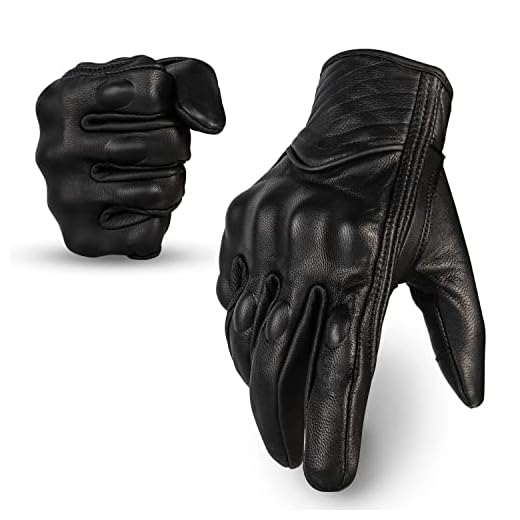 Harssiney Leather Motorcycle Gloves for Men,Riding Driving Biker Racing Motorbike Glove Touchscreen with Hard Knuckle Protection ,Black,Size L