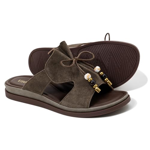 UBFEN Womens Flat Sandals Open Toe Slides Comfortable Walking Beach Slippers Summer Vacation Bohemian Slip On Sandals for Women Mocha Size US 9.5 by UBFEN - Image 6