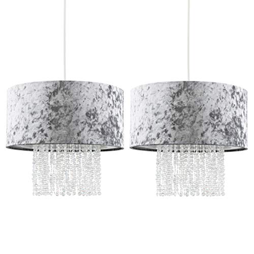 MiniSun | Modern Silver Grey Velvet Ceiling Pendant Light Shades with Clear Acrylic Droplets | Pendant Lights, Home Décor & Improvement Essential | Set of 2 | Includes Bulb | 33cm Shade Width