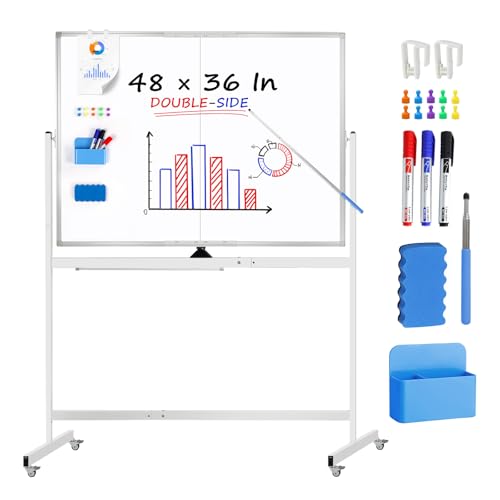 120 × 90 cm Magnetic Whiteboard with Stand 59” Large Double-Sided Mobile White Board with Wheels 360° Rotating Lockable Dry Erase Board for Home Office Classroom School