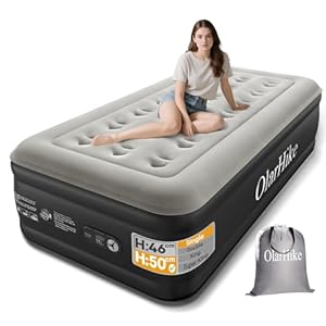 OlarHike Single Airbed, Inflatable Air Mattress with Built-in Pump, Blow Up Bed, Self Inflating Folding Guest Air bed with Flocked Surface For Camping & Home Use, 200cm L x 90cm W x 50cm H(Black)