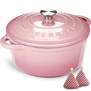 Overmont Enameled Cast Iron Dutch Oven – 5.5QT Pot with Lid Cookbook & Cotton Potholders – Heavy-Duty Cookware for Braising, Stews, Roasting, Bread Baking pink