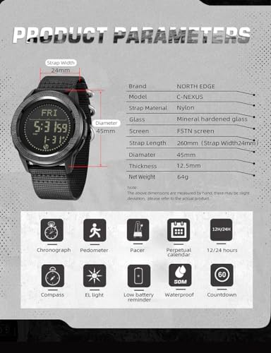 Image of NORTH EDGE Sport Pedometer Chronograph Carbon Fiber Case Digital Men's Nylon Wrist Watch: C-Nexus (Black)