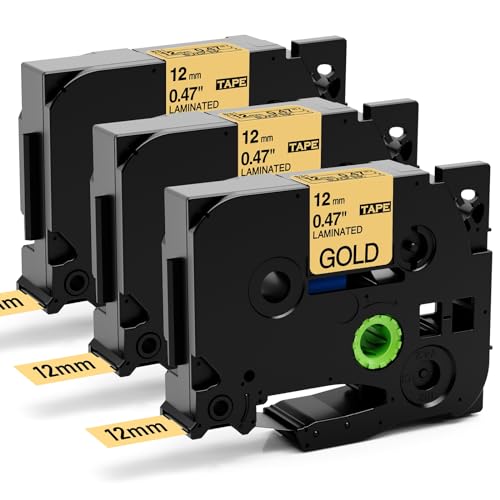 Aken Compatible with Brother Label Printer Tape 12mm Gold TZe-831 TZe831 AZe831 for Brother P Touch 1000 H100LB H100 H107B P300BT D210, 3 x Compatible with P Touch TZe Black on Gold Tape