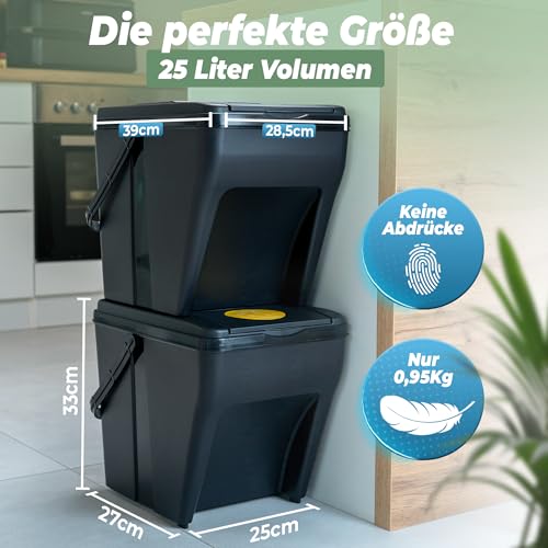 Novaliv Mülltrennsystem Set - 3x 25L Mülleimer Trennsystem - Mülleimer 4 Fächer - Mülltrennsysteme stapelbar - Mülltrennung Recycling Behälter - Abfalltrennsystem - Müll Organizer Müllsortierer