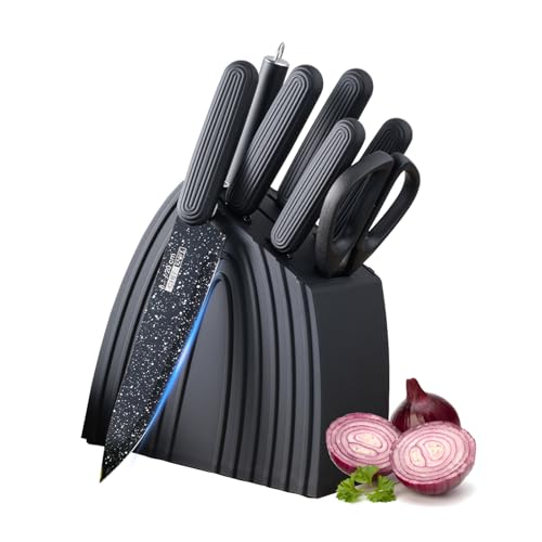 Justup Messer Set, Messerblock mit Messer, 8-teiliges Scharfes Messerblock Set für Küche, Antihaft Rutschfestes Edelstahl-Küchenmesserset mit Block, Professionelles Kochmesser Set (Schwarz)